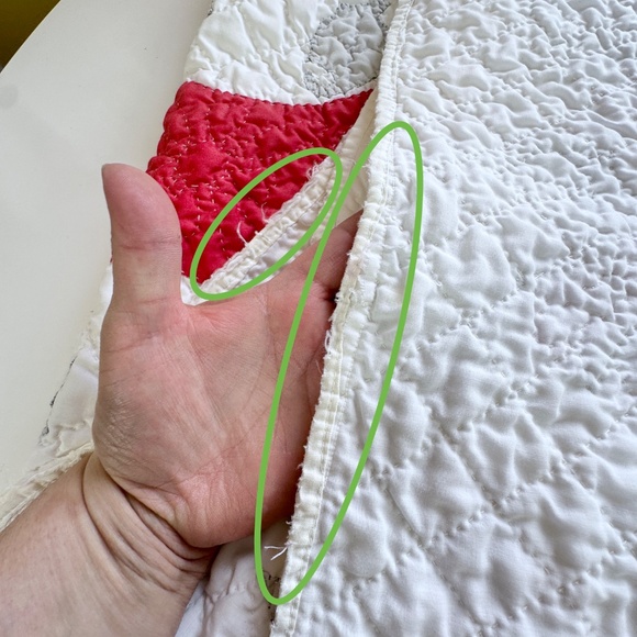 Vintage 70s hand stitched quilt, red, white and grey, full size, flawed, AS IS - Picture 14 of 15